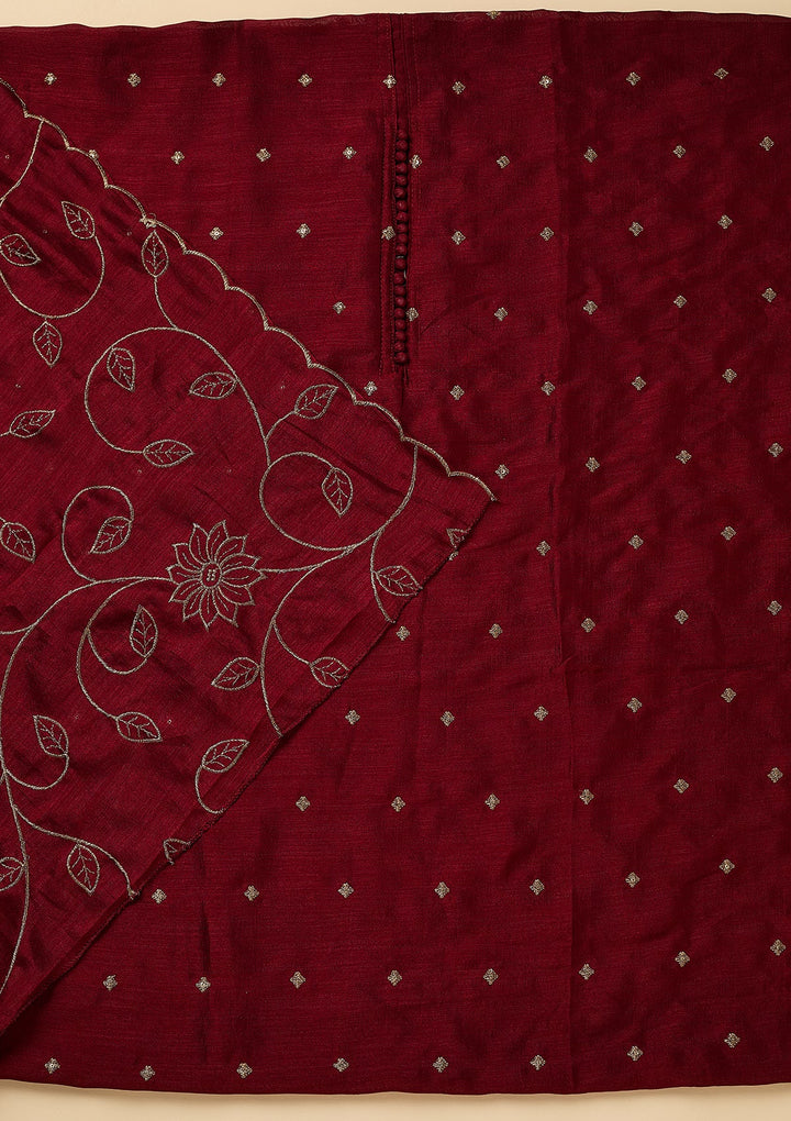 Maroon Soft Raw Silk Gold Zariwork Unstitched Dress Material With Matching Bottom And Dupatta