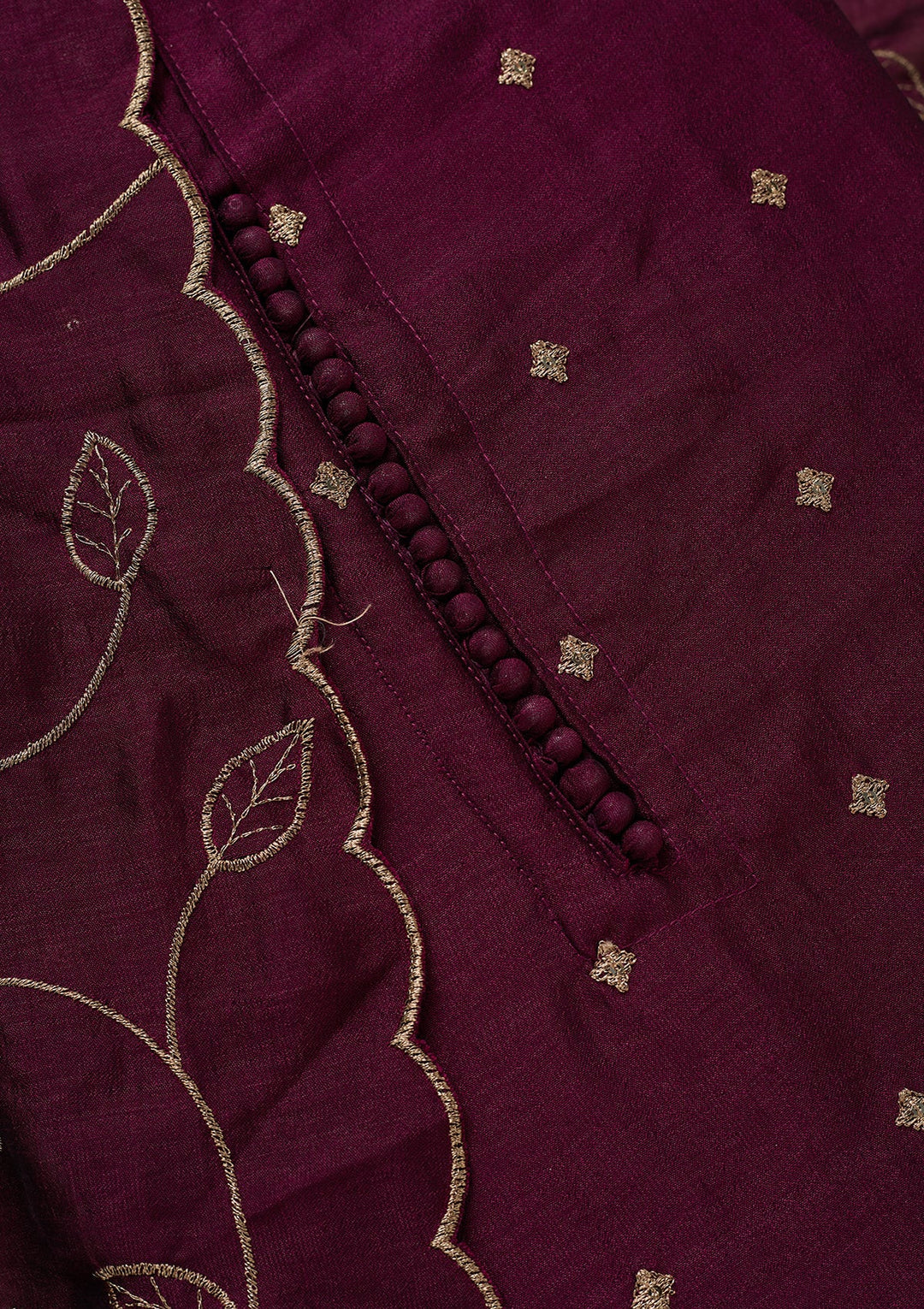 Wine Zariwork (Gold) Soft Raw Silk Unstitched Salwar Suit