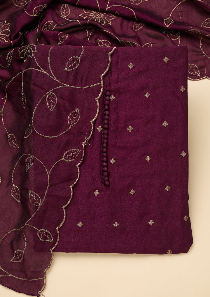Wine Zariwork (Gold) Soft Raw Silk Unstitched Salwar Suit
