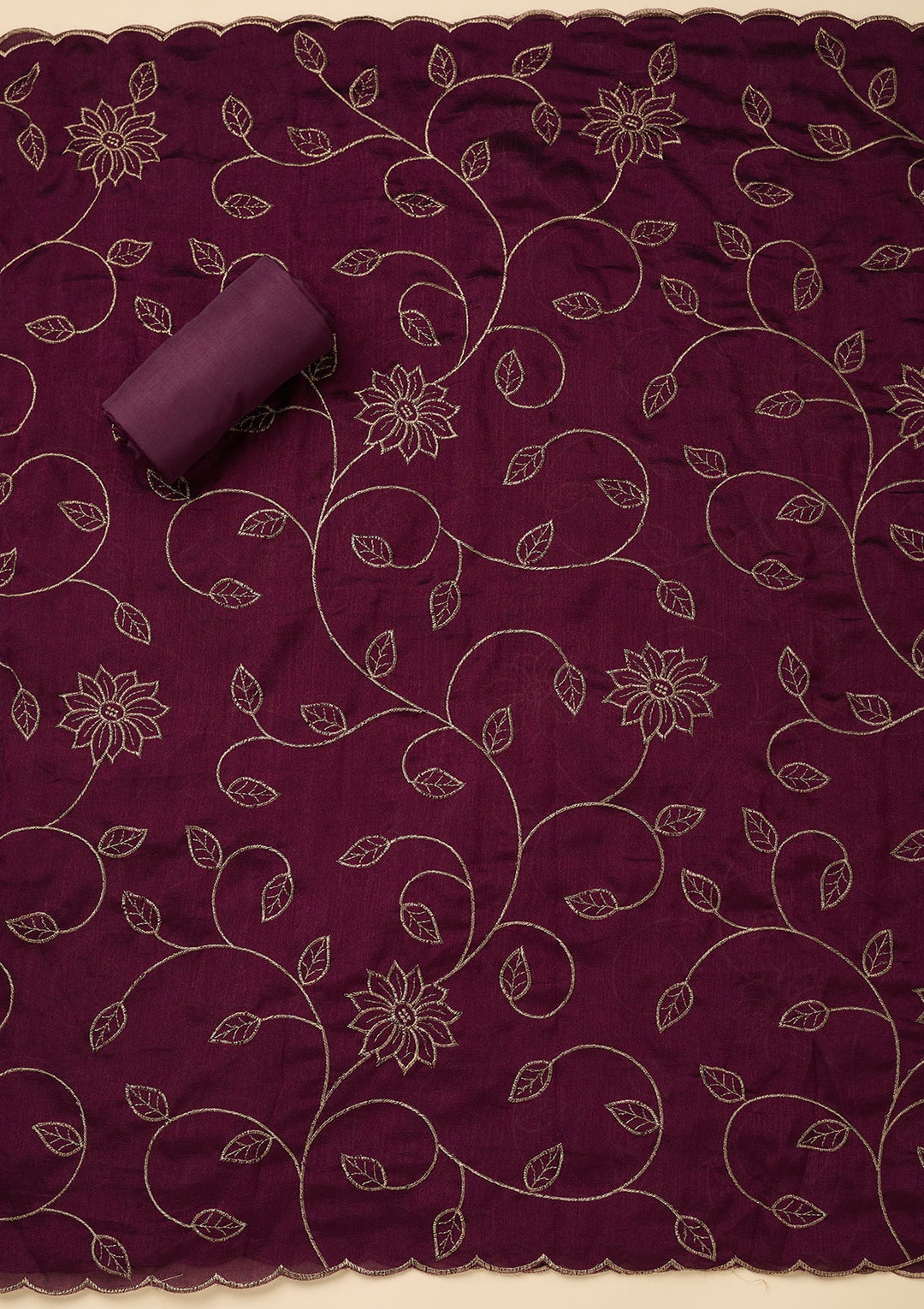 Wine Zariwork (Gold) Soft Raw Silk Unstitched Salwar Suit