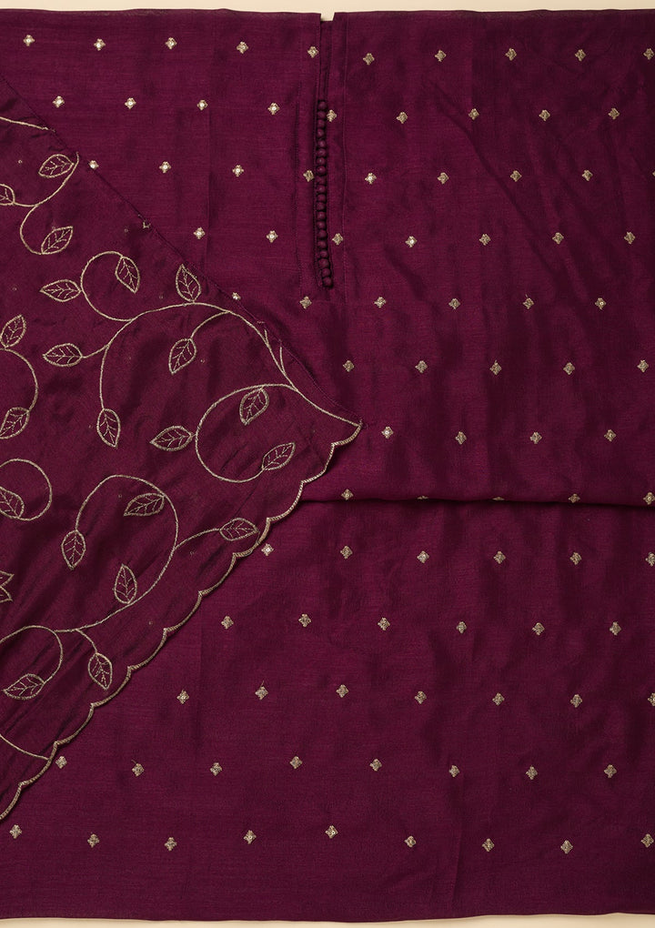 Wine Zariwork (Gold) Soft Raw Silk Unstitched Salwar Suit