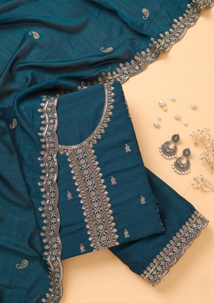 Peacock Blue Georgette Gold Zariwork Unstitched Dress Material With Matching Bottom And Dupatta