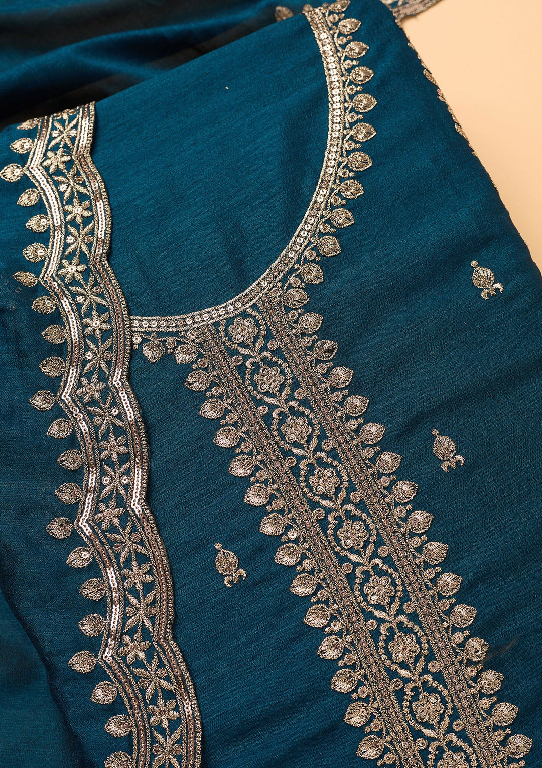 Peacock Blue Georgette Gold Zariwork Unstitched Dress Material With Matching Bottom And Dupatta