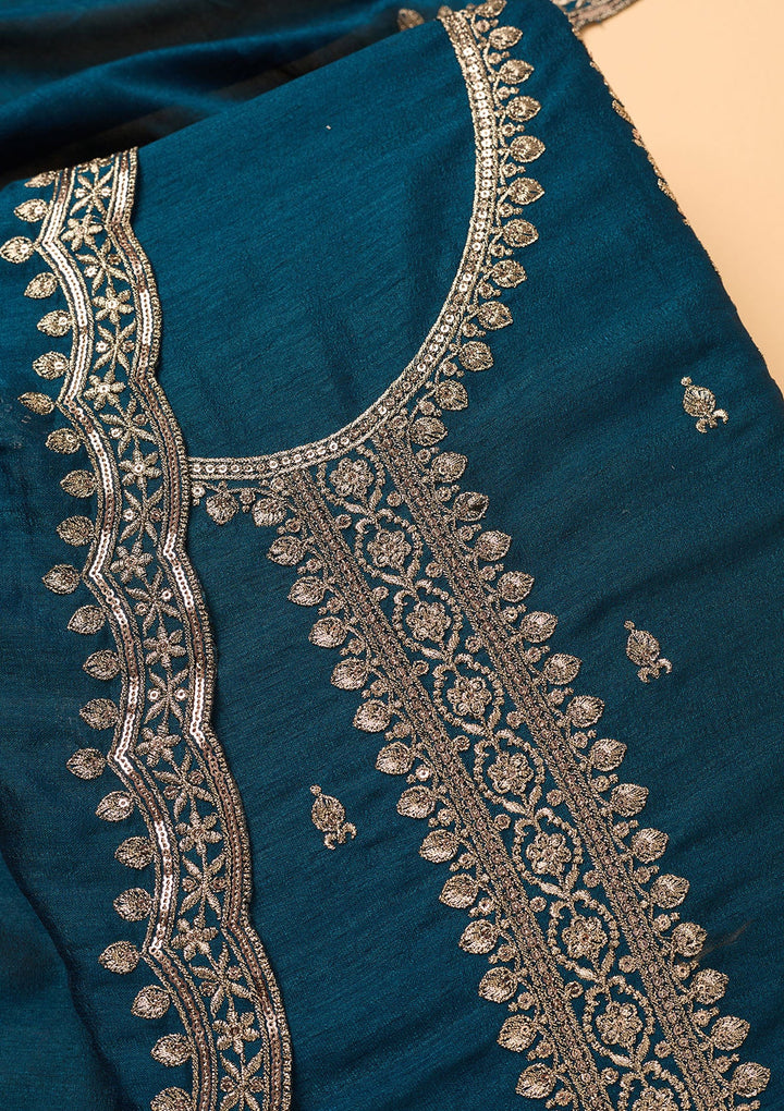 Peacock Blue Georgette Gold Zariwork Unstitched Dress Material With Matching Bottom And Dupatta