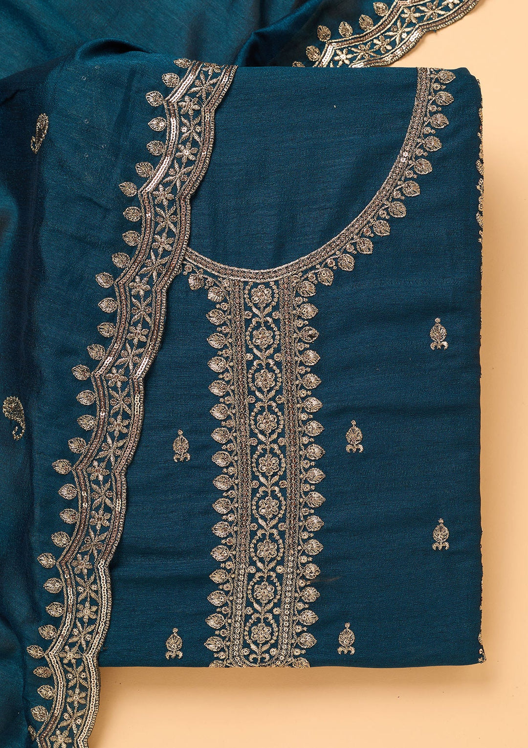 Peacock Blue Georgette Gold Zariwork Unstitched Dress Material With Matching Bottom And Dupatta