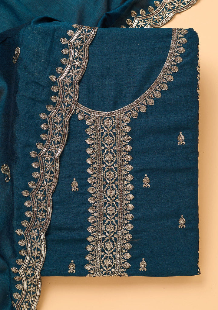Peacock Blue Georgette Gold Zariwork Unstitched Dress Material With Matching Bottom And Dupatta