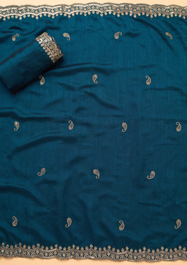 Peacock Blue Georgette Gold Zariwork Unstitched Dress Material With Matching Bottom And Dupatta