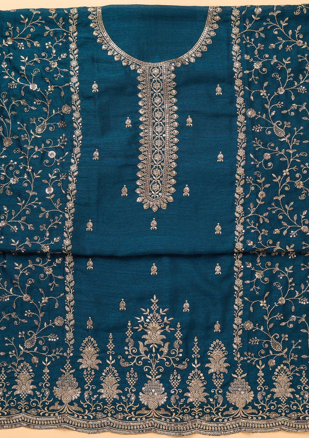 Peacock Blue Georgette Gold Zariwork Unstitched Dress Material With Matching Bottom And Dupatta