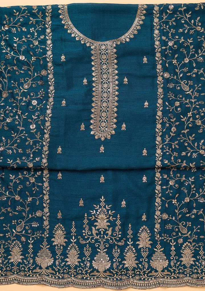 Peacock Blue Georgette Gold Zariwork Unstitched Dress Material With Matching Bottom And Dupatta