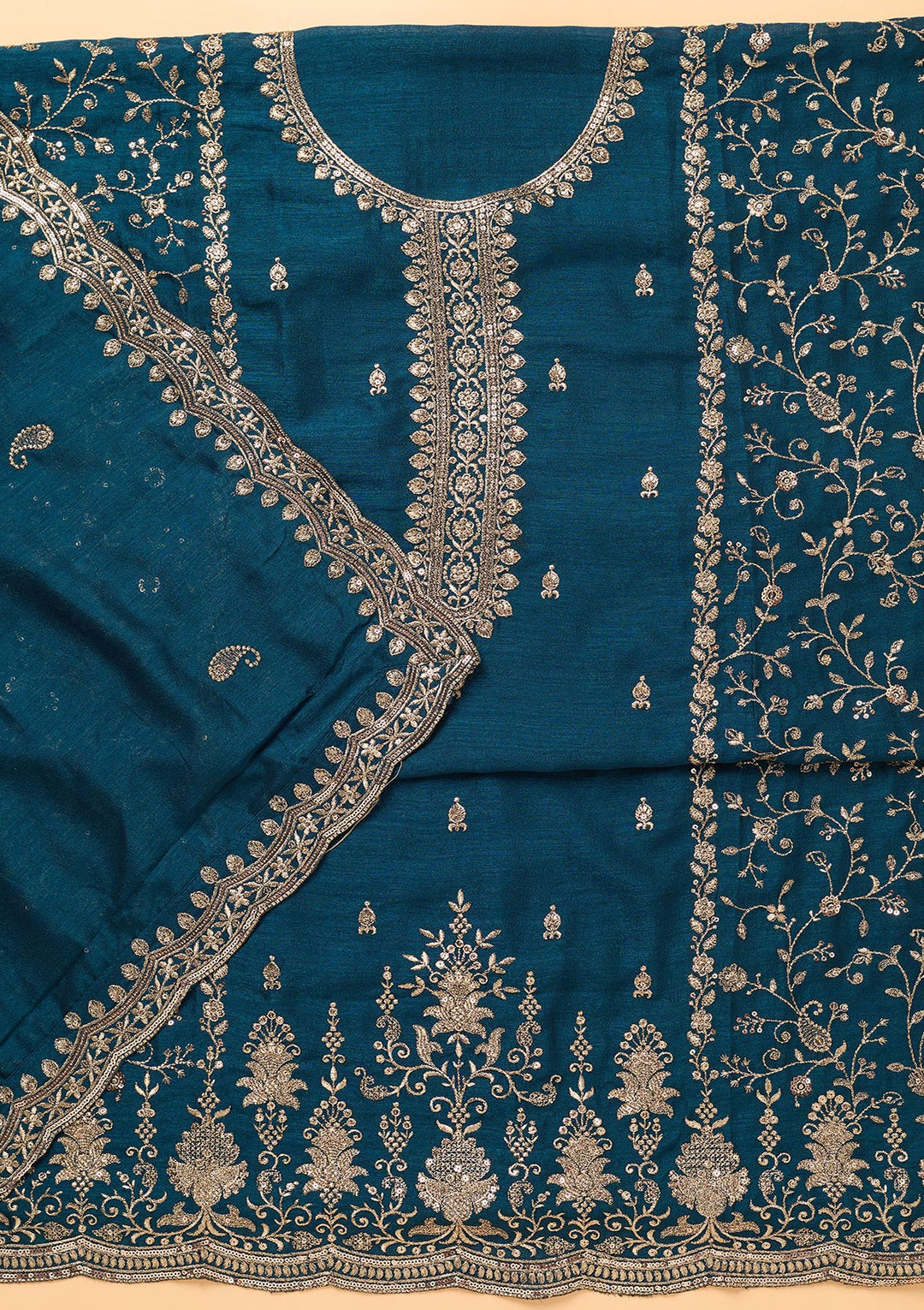Peacock Blue Georgette Gold Zariwork Unstitched Dress Material With Matching Bottom And Dupatta