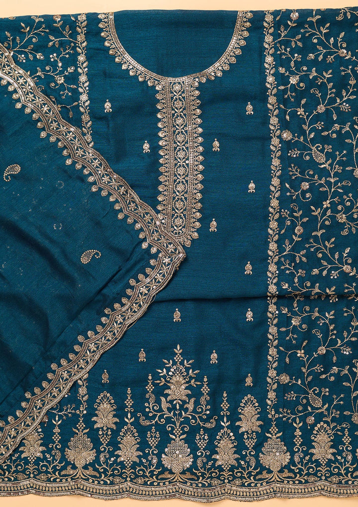 Peacock Blue Georgette Gold Zariwork Unstitched Dress Material With Matching Bottom And Dupatta