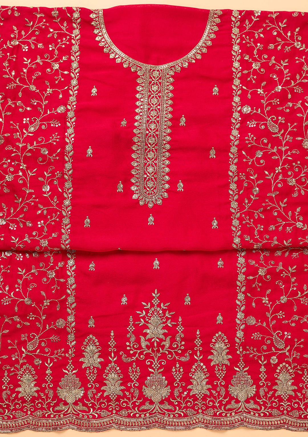 Rani Pink Zariwork (Gold) Georgette Unstitched Salwar Suit