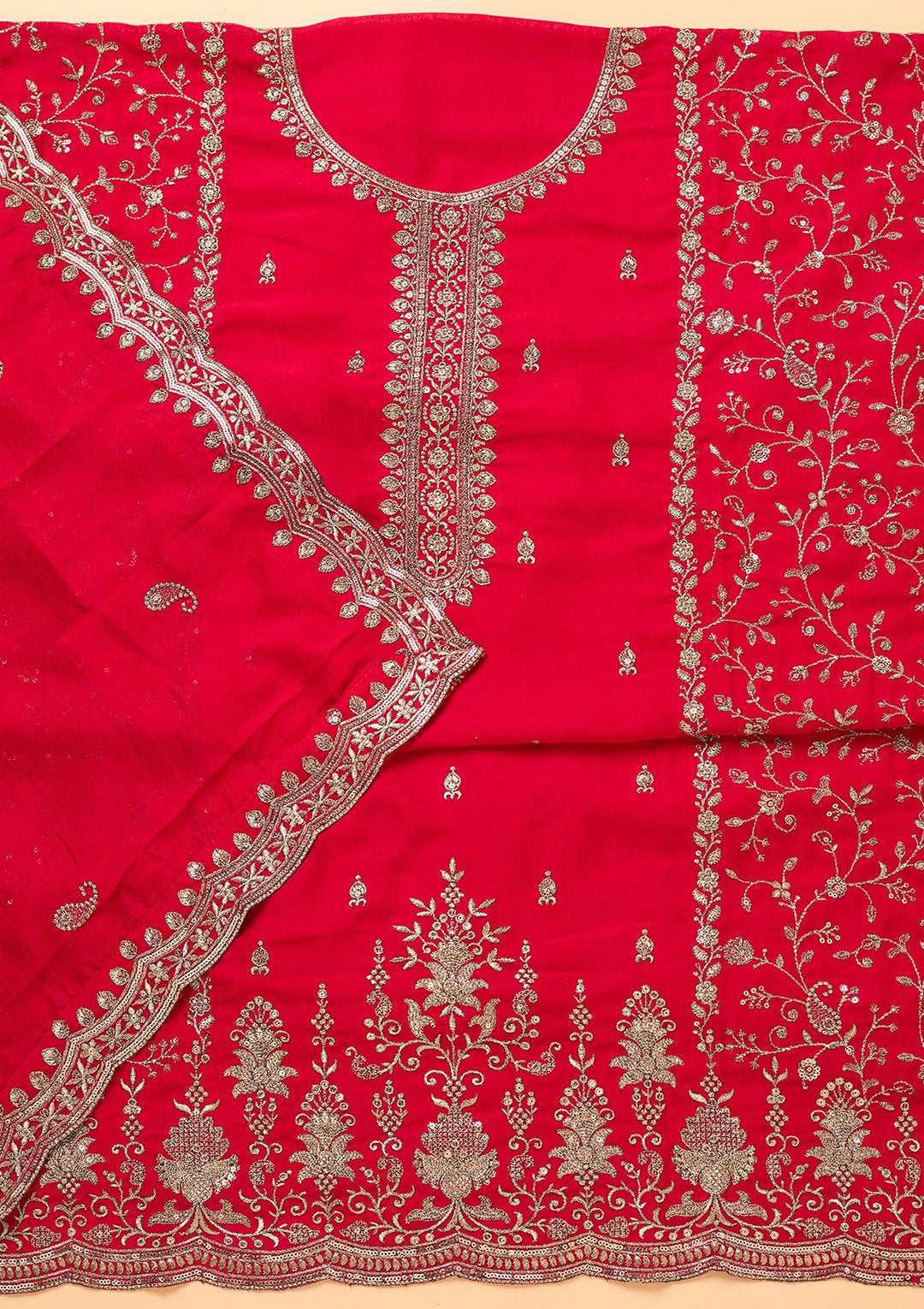 Rani Pink Zariwork (Gold) Georgette Unstitched Salwar Suit