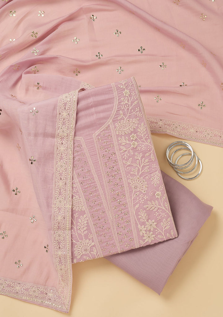 Lavender Cotton Threadwork Unstitched Dress Material With Matching Bottom And Dupatta