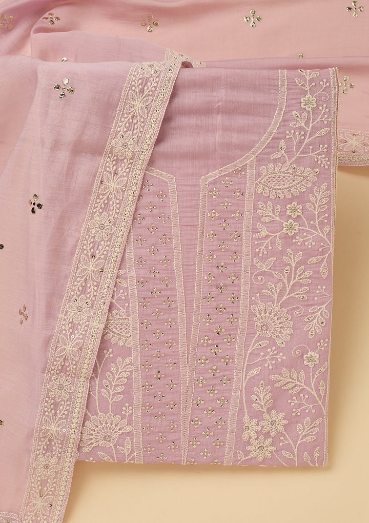 Lavender Cotton Threadwork Unstitched Dress Material With Matching Bottom And Dupatta
