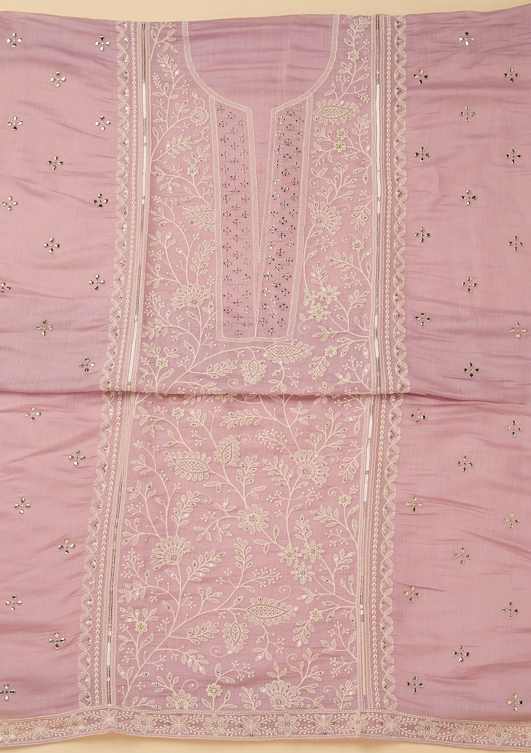 Lavender Cotton Threadwork Unstitched Dress Material With Matching Bottom And Dupatta