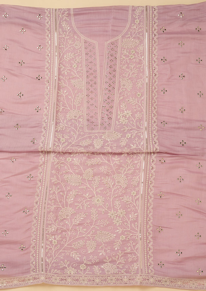 Lavender Cotton Threadwork Unstitched Dress Material With Matching Bottom And Dupatta