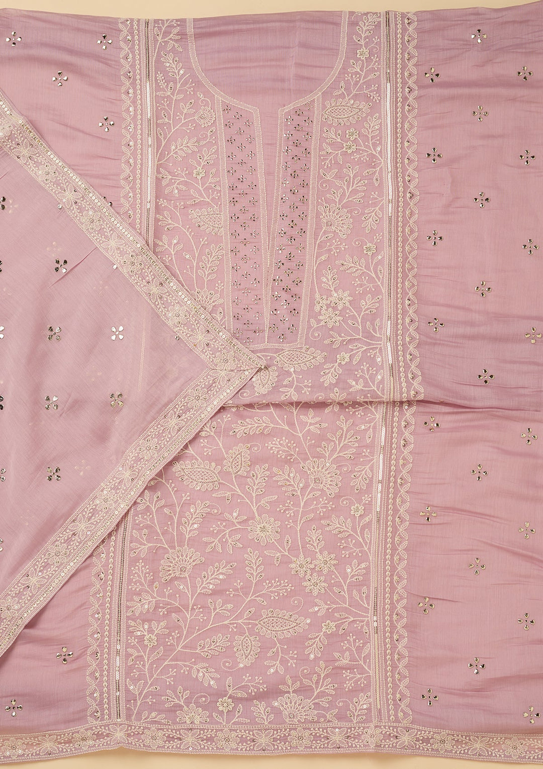 Lavender Cotton Threadwork Unstitched Dress Material With Matching Bottom And Dupatta