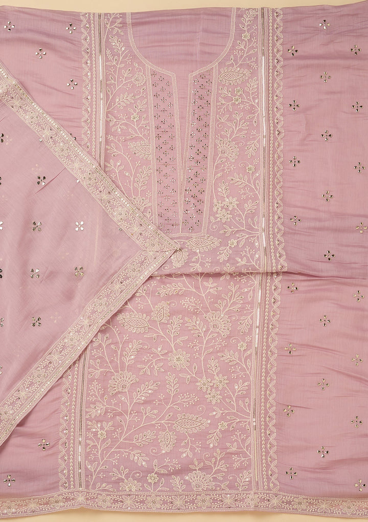 Lavender Cotton Threadwork Unstitched Dress Material With Matching Bottom And Dupatta