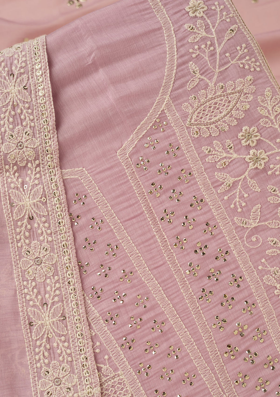 Lavender Cotton Threadwork Unstitched Dress Material With Matching Bottom And Dupatta