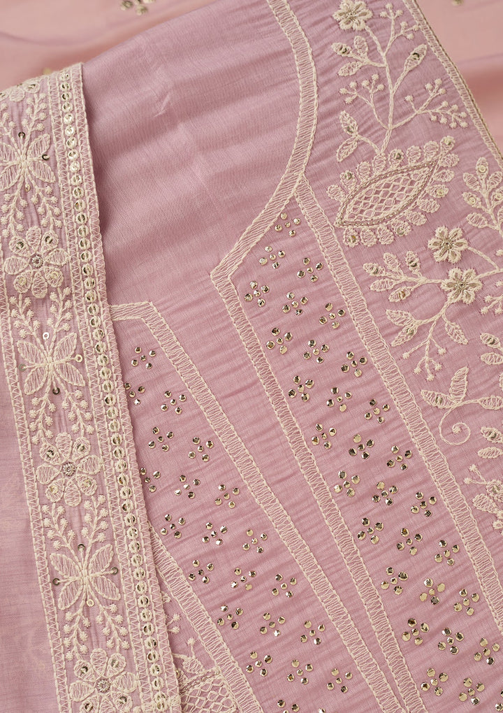 Lavender Cotton Threadwork Unstitched Dress Material With Matching Bottom And Dupatta