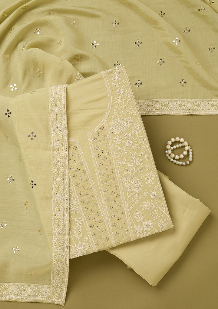 Pista Green Cotton Threadwork Unstitched Dress Material With Matching Bottom And Dupatta