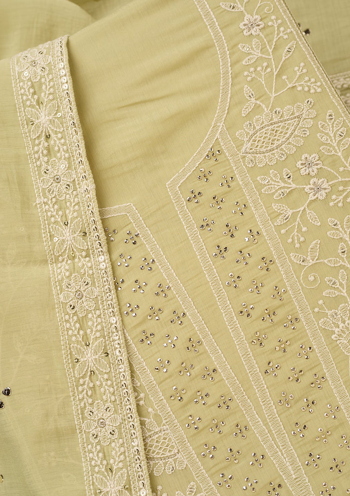 Pista Green Cotton Threadwork Unstitched Dress Material With Matching Bottom And Dupatta