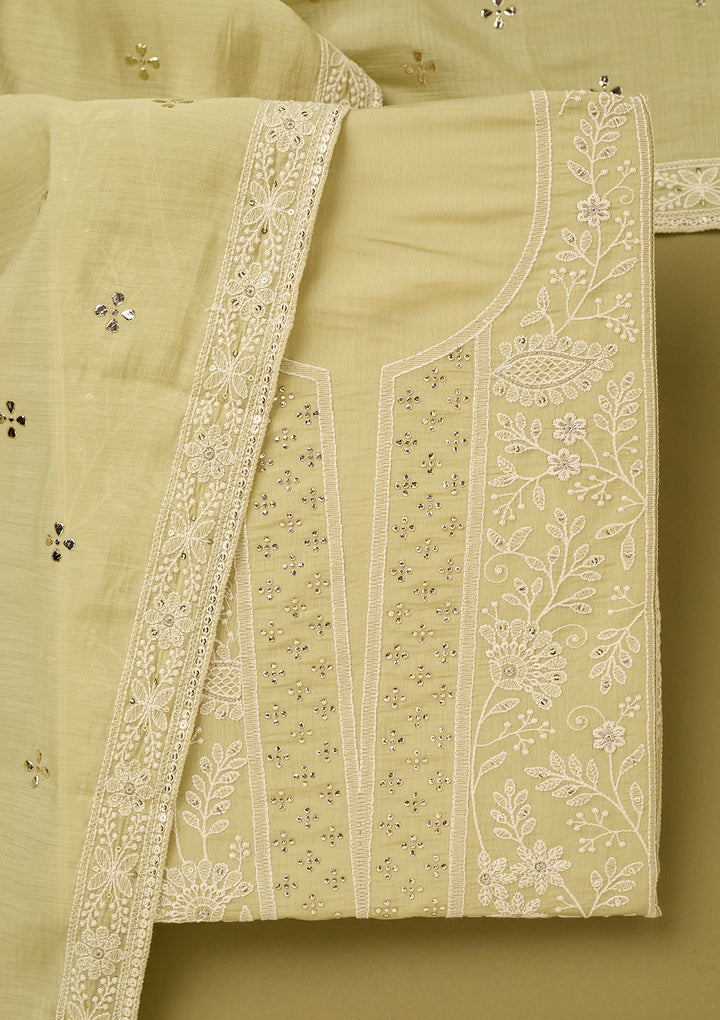Pista Green Cotton Threadwork Unstitched Dress Material With Matching Bottom And Dupatta
