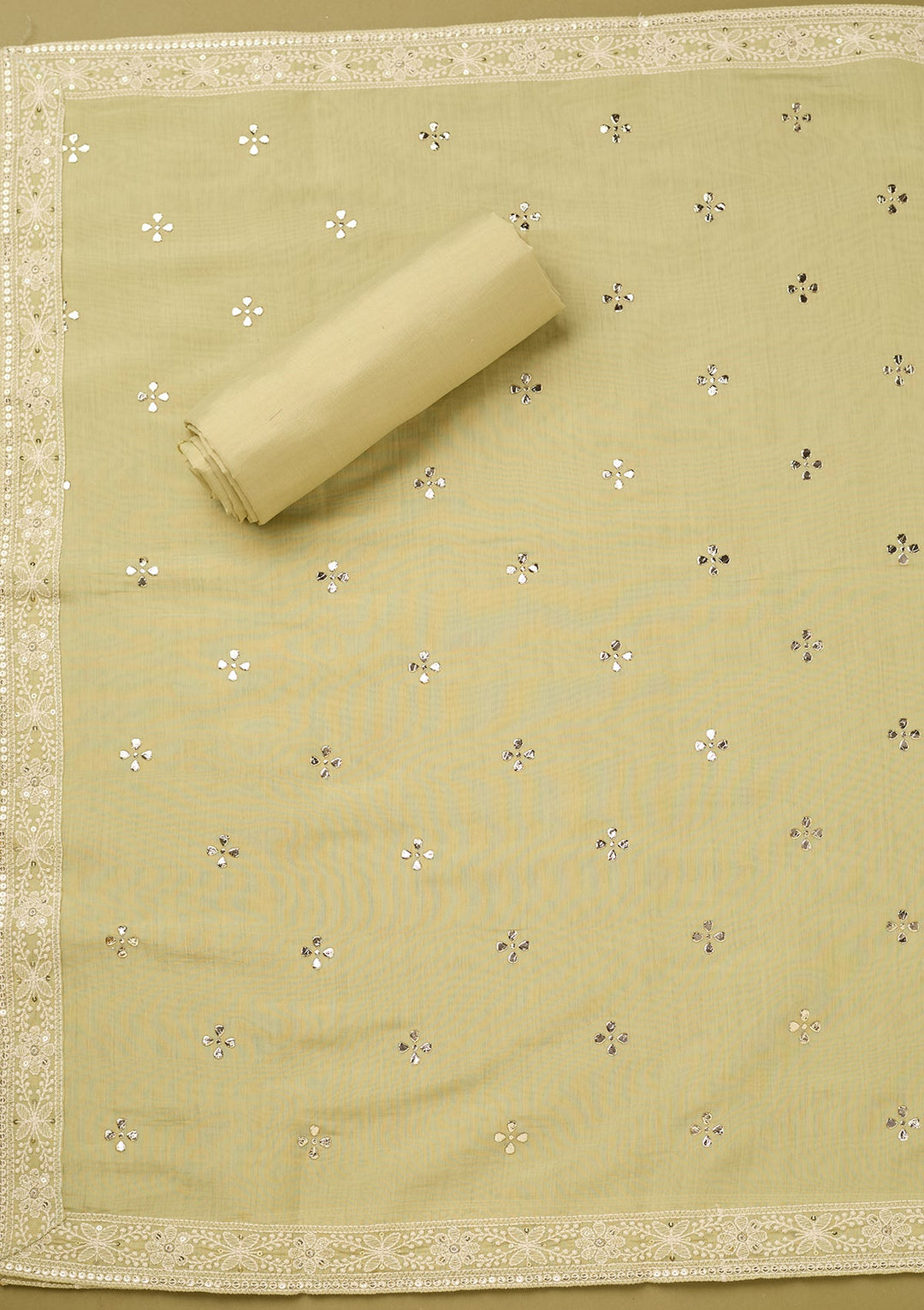 Pista Green Cotton Threadwork Unstitched Dress Material With Matching Bottom And Dupatta