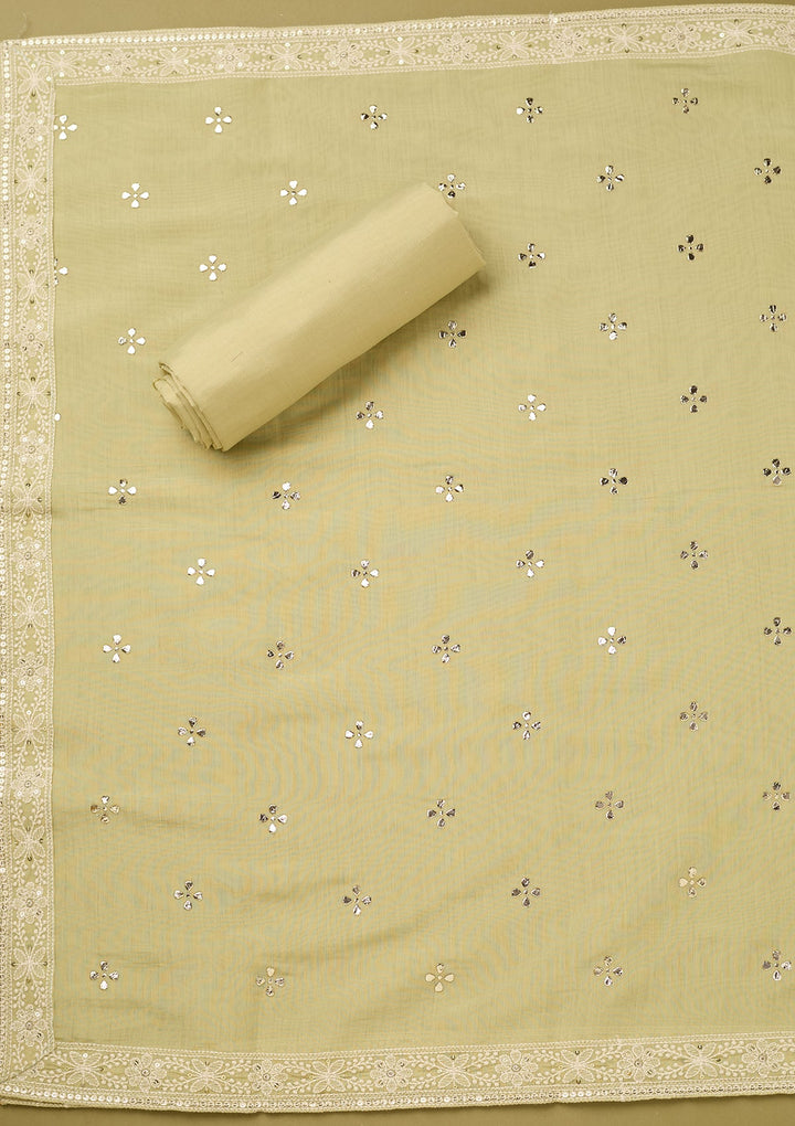 Pista Green Cotton Threadwork Unstitched Dress Material With Matching Bottom And Dupatta