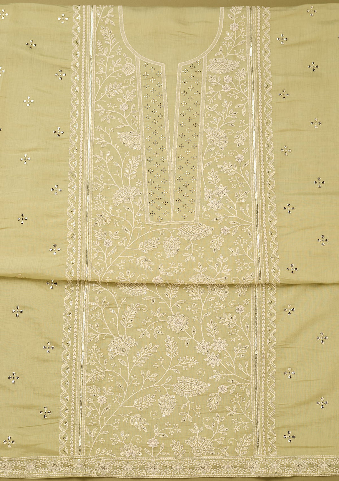 Pista Green Cotton Threadwork Unstitched Dress Material With Matching Bottom And Dupatta