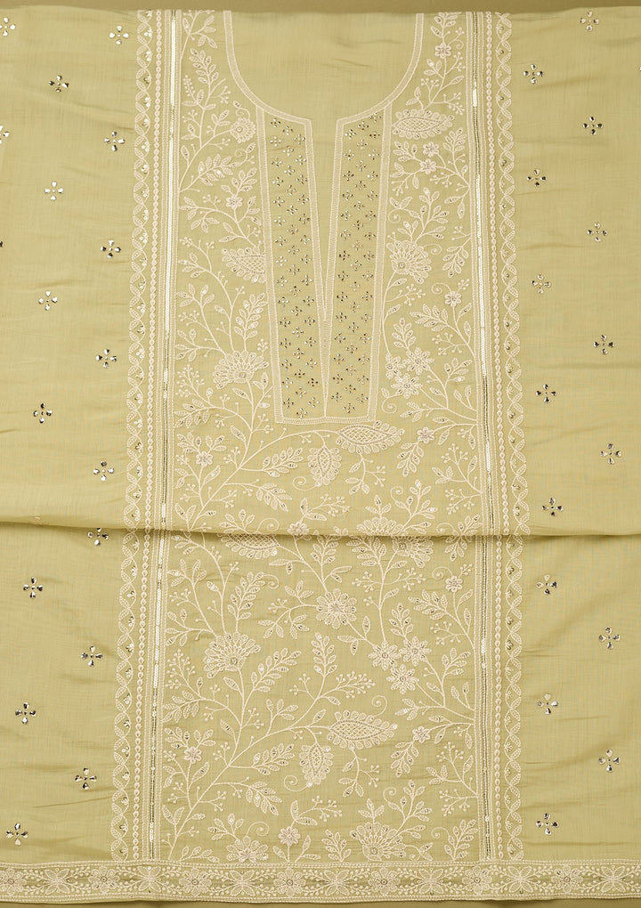 Pista Green Cotton Threadwork Unstitched Dress Material With Matching Bottom And Dupatta