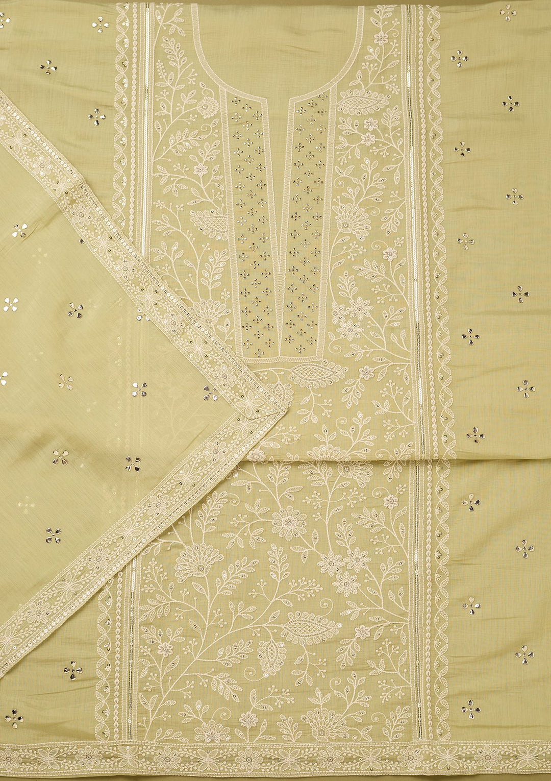 Pista Green Cotton Threadwork Unstitched Dress Material With Matching Bottom And Dupatta