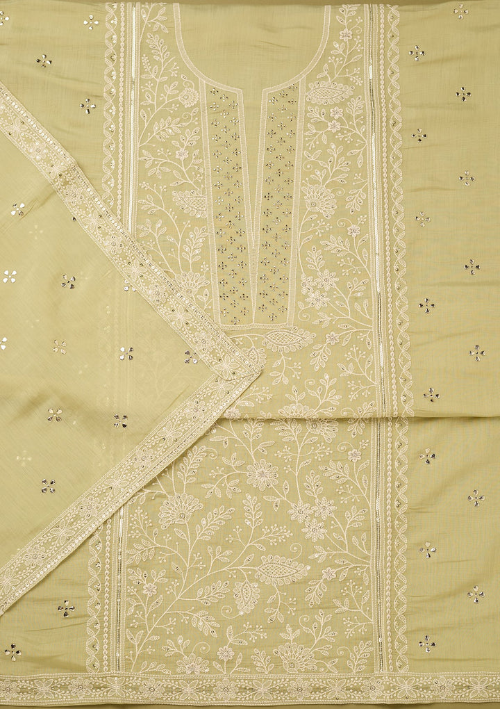 Pista Green Cotton Threadwork Unstitched Dress Material With Matching Bottom And Dupatta