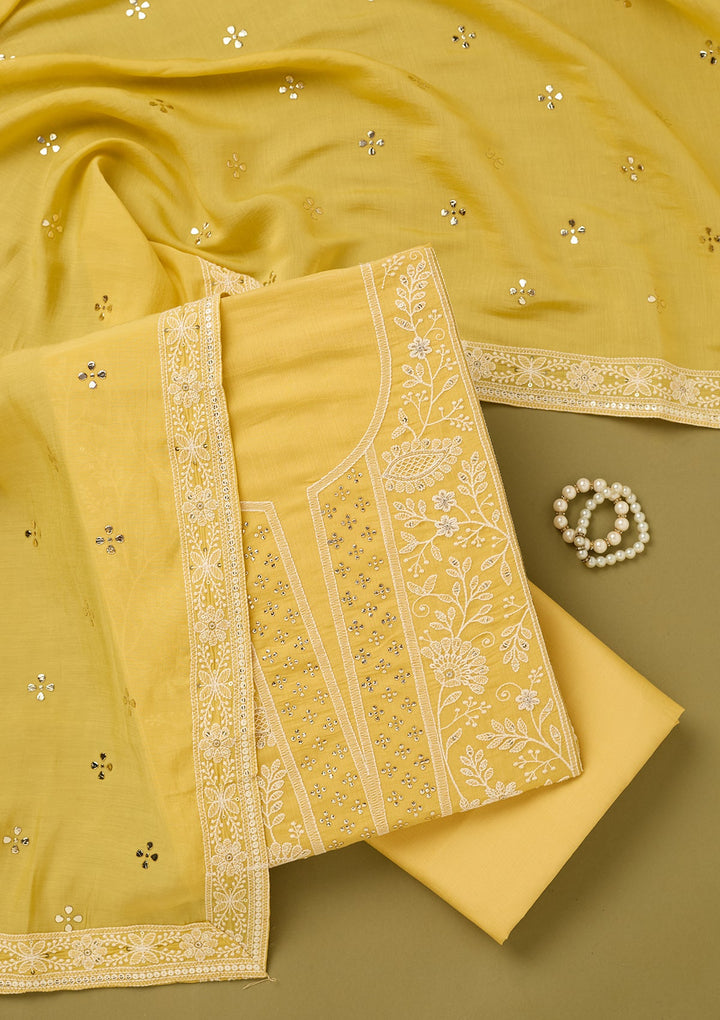 Yellow Cotton Threadwork Unstitched Dress Material With Matching Bottom And Dupatta
