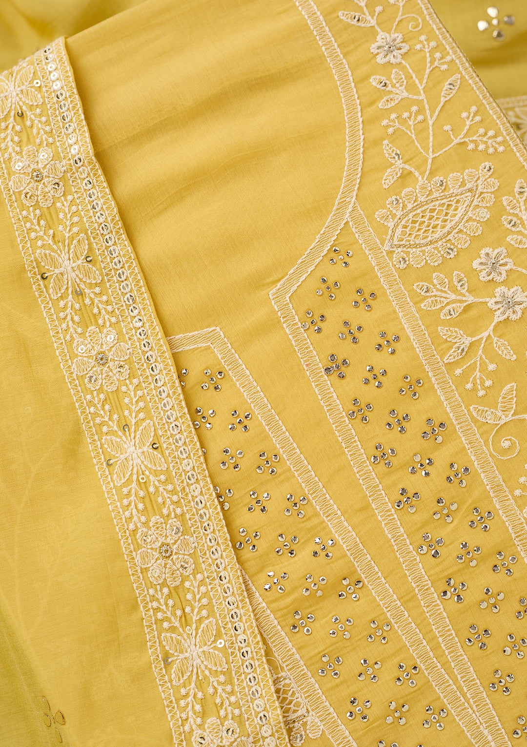 Yellow Cotton Threadwork Unstitched Dress Material With Matching Bottom And Dupatta