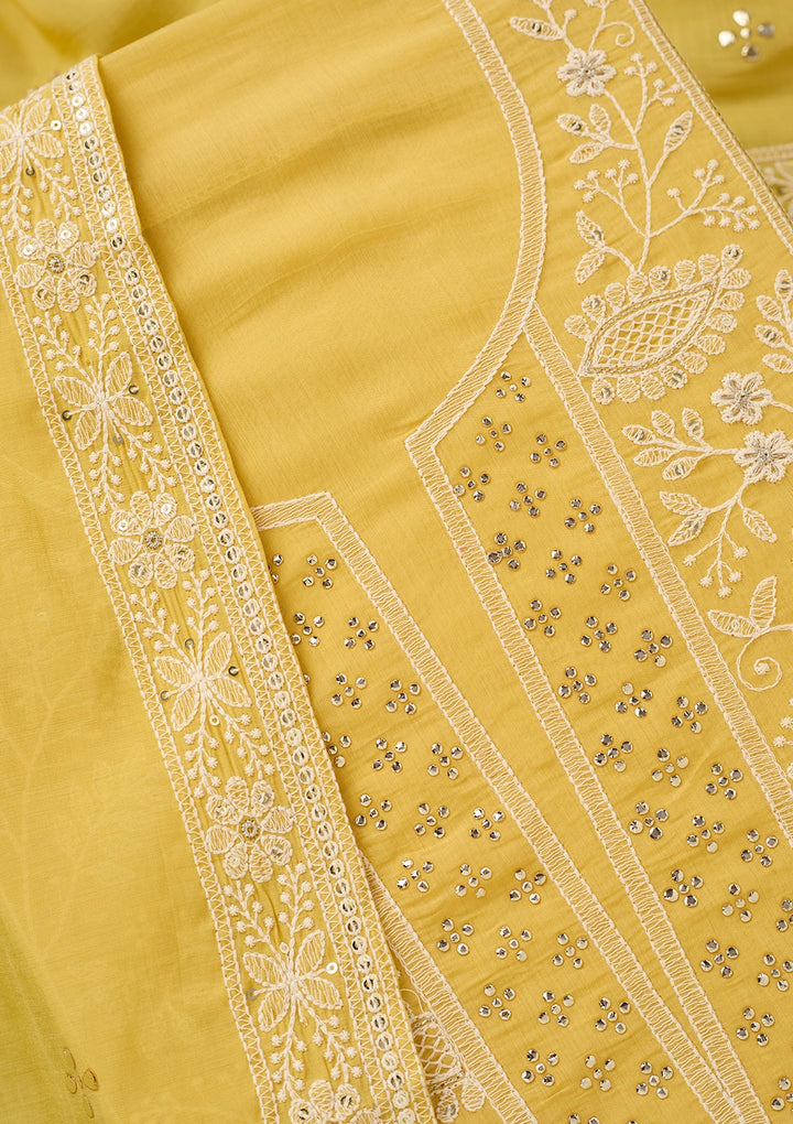 Yellow Cotton Threadwork Unstitched Dress Material With Matching Bottom And Dupatta