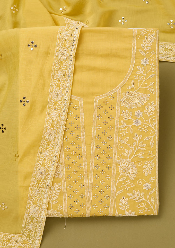 Yellow Cotton Threadwork Unstitched Dress Material With Matching Bottom And Dupatta