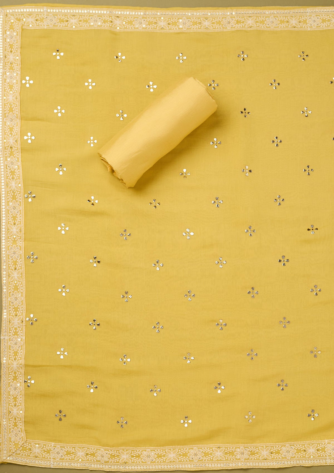 Yellow Cotton Threadwork Unstitched Dress Material With Matching Bottom And Dupatta