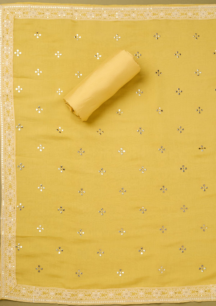 Yellow Cotton Threadwork Unstitched Dress Material With Matching Bottom And Dupatta