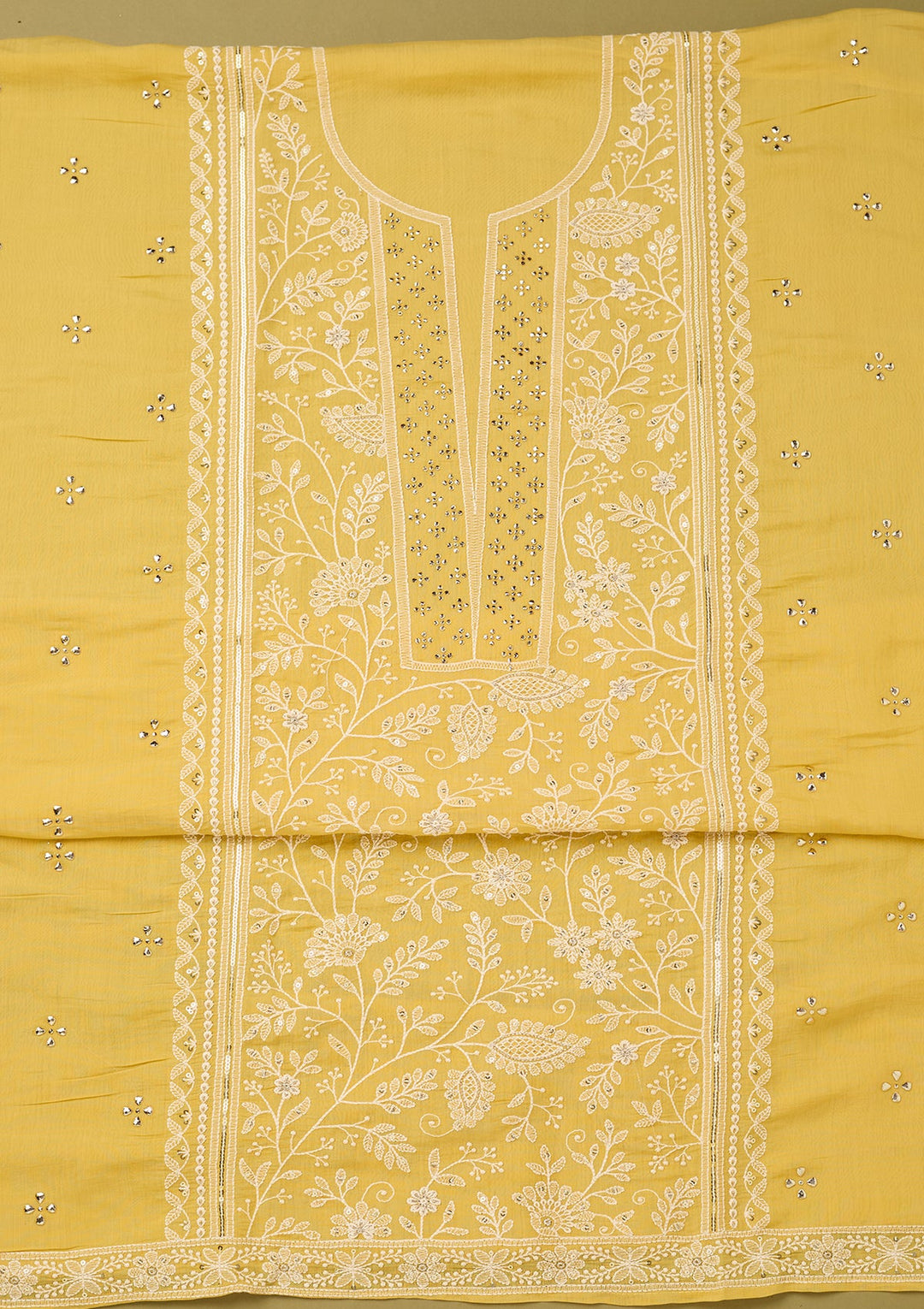 Yellow Cotton Threadwork Unstitched Dress Material With Matching Bottom And Dupatta