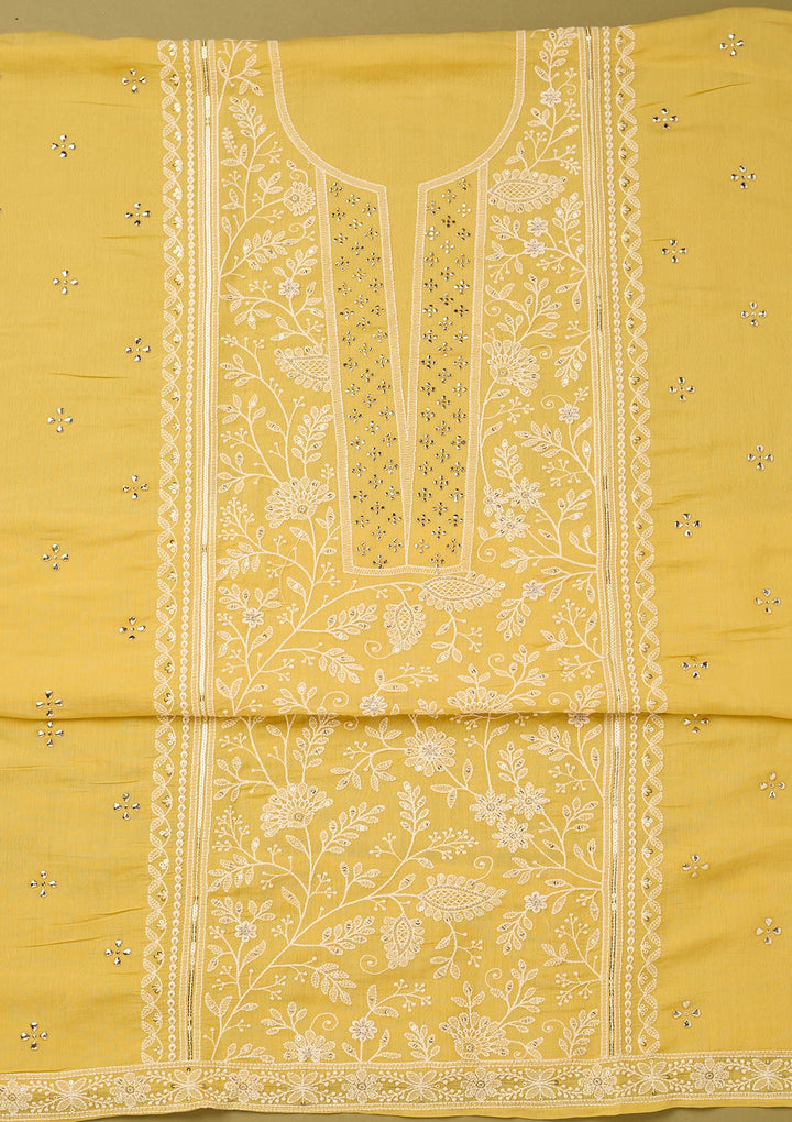 Yellow Cotton Threadwork Unstitched Dress Material With Matching Bottom And Dupatta