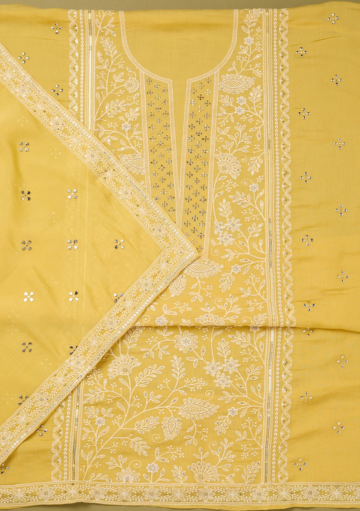Yellow Cotton Threadwork Unstitched Dress Material With Matching Bottom And Dupatta