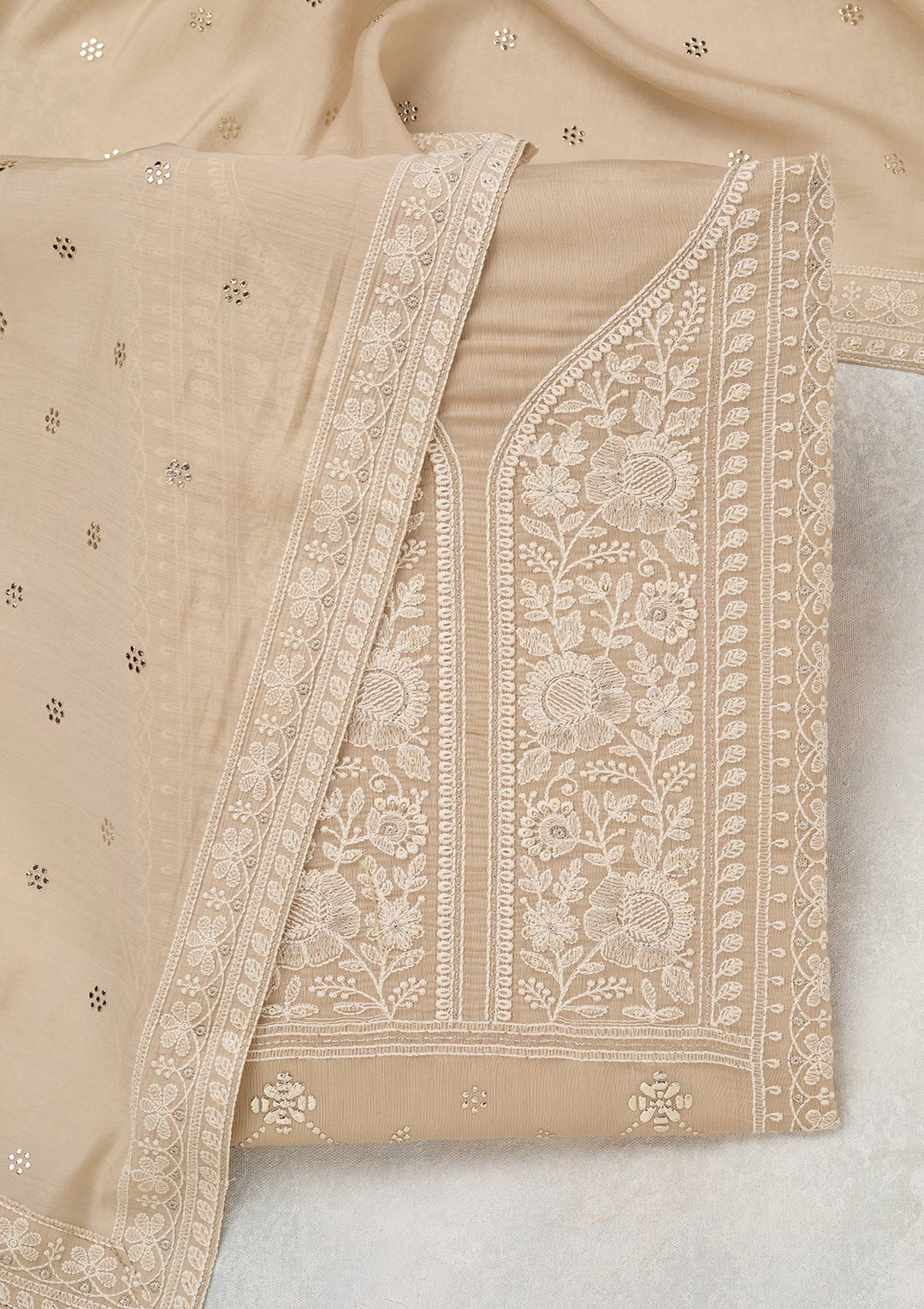 Brown Threadwork Cotton Unstitched Salwar Suit