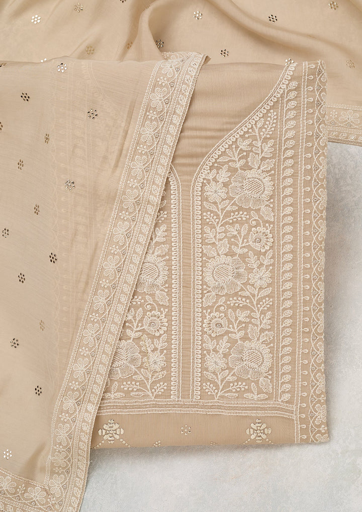 Brown Threadwork Cotton Unstitched Salwar Suit