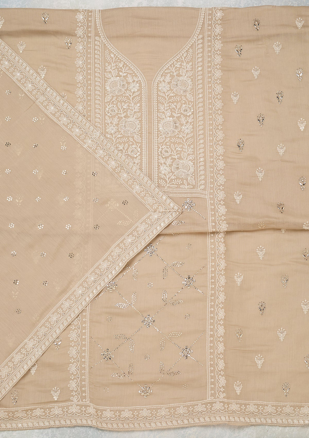 Brown Threadwork Cotton Unstitched Salwar Suit