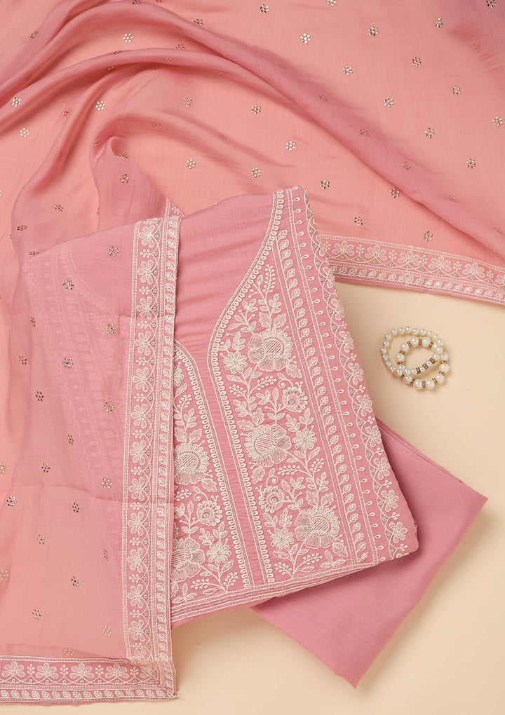 Pink Threadwork Cotton Unstitched Salwar Suit