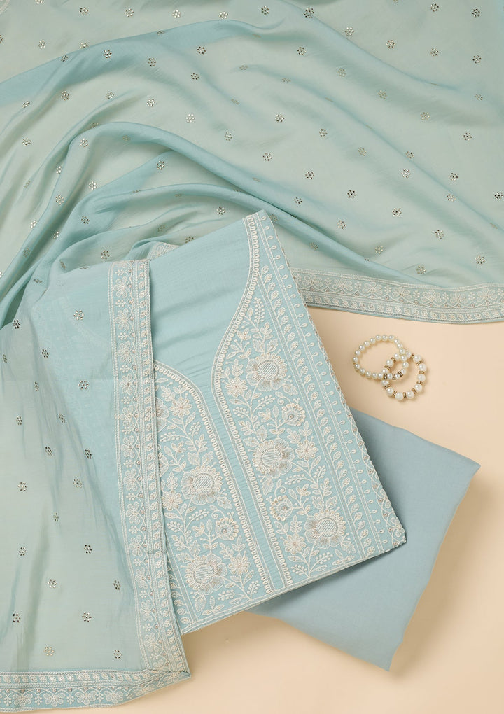 Sky Blue Threadwork Cotton Unstitched Salwar Suit