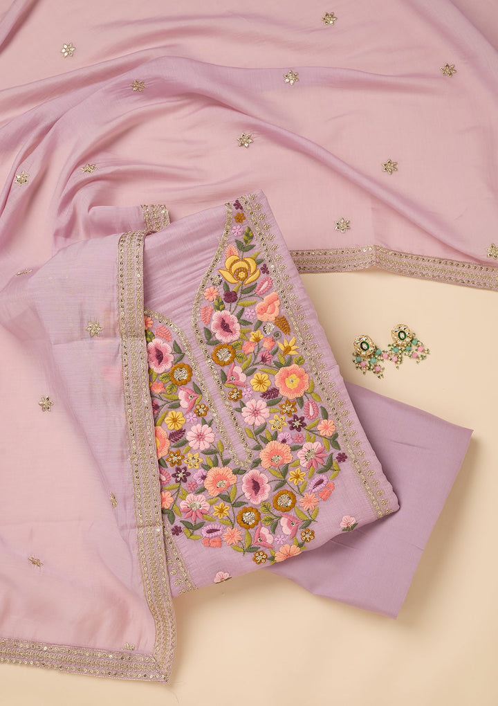 Lavender Threadwork Cotton Unstitched Salwar Suit