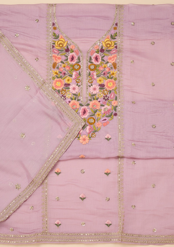 Lavender Threadwork Cotton Unstitched Salwar Suit